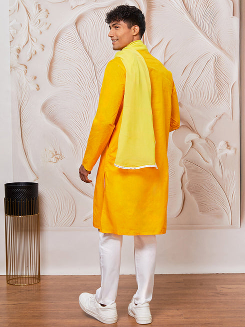 Men's Yellow Cotton Kurta,Pyjama And Dupatta Set